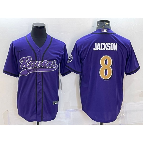 Baltimore Ravens #8 Lamar Jackson Purple Gold With Patch Cool Base Stitched Baseball Jersey