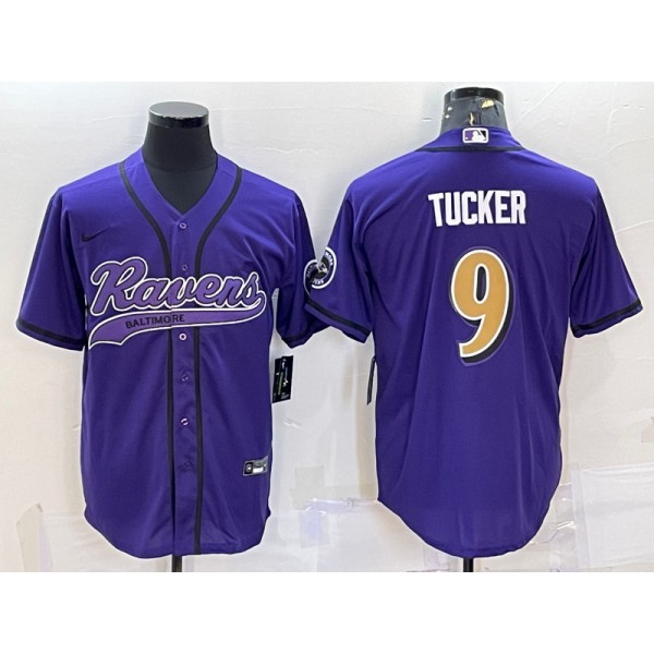 Baltimore Ravens #9 Justin Tucker Purple Gold With Patch Cool Base Stitched Baseball Jersey