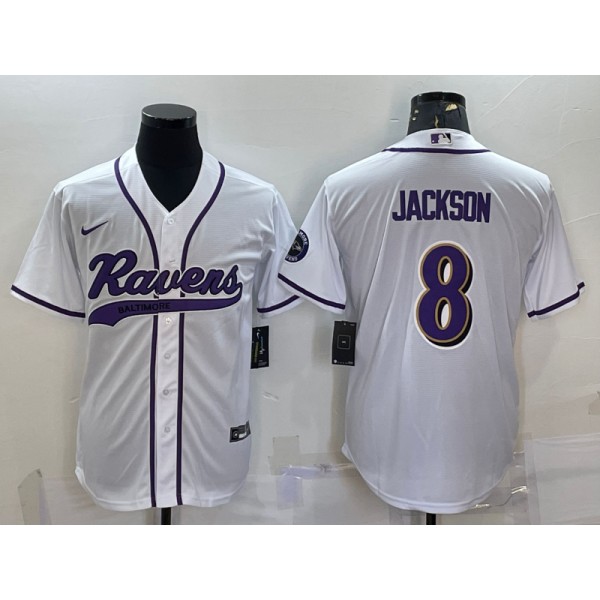 Baltimore Ravens #8 Lamar Jackson White With Patch Cool Base Stitched Baseball Jersey