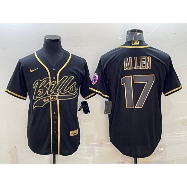 Buffalo Bills #17 Josh Allen Black Gold Edition With Patch Cool Base Stitched Baseball Jersey