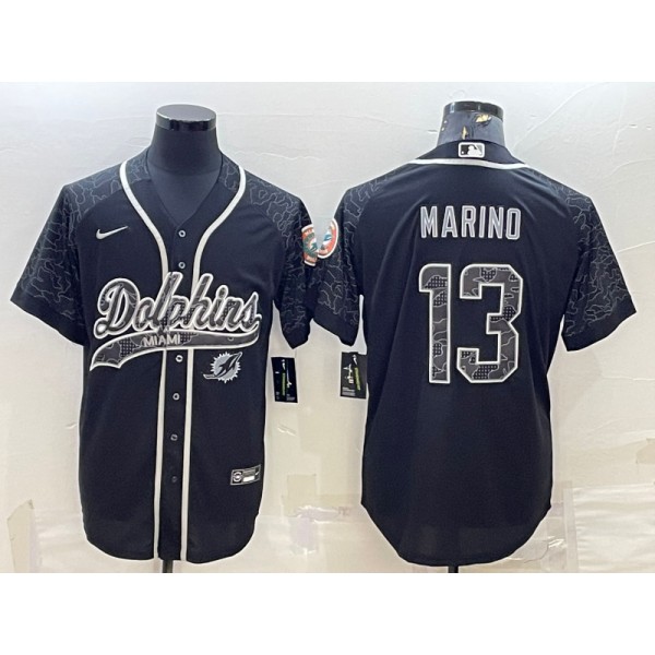 Miami Dolphins #13 Dan Marino Black Reflective With Patch Cool Base Stitched Baseball Jersey