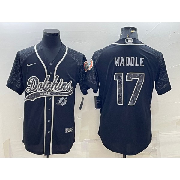Miami Dolphins #17 Jaylen Waddle Black Reflective With Patch Cool Base Stitched Baseball Jersey