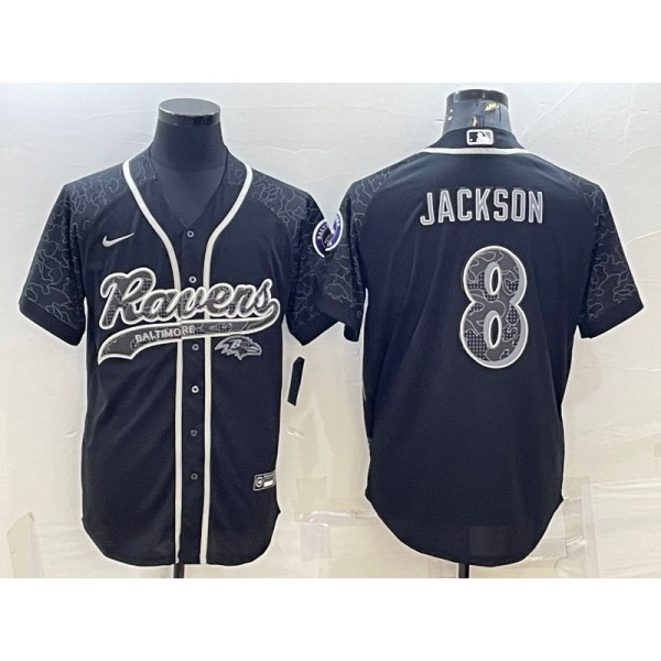 Baltimore Ravens #8 Lamar Jackson Black Reflective With Patch Cool Base Stitched Baseball Jersey