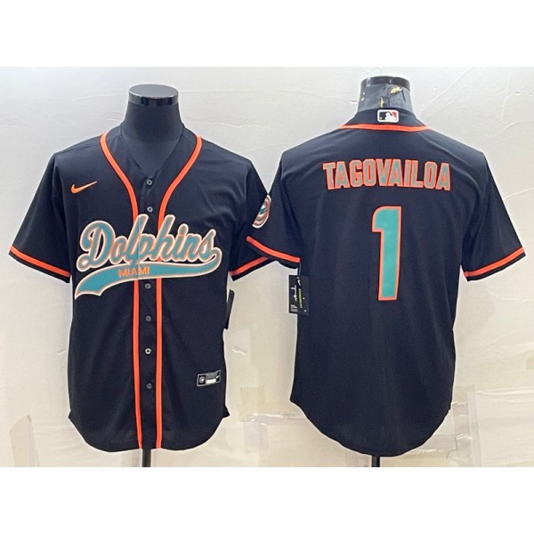 Miami Dolphins #1 Tua Tagovailoa Black With Patch Cool Base Stitched Baseball Jersey