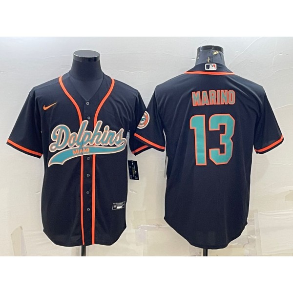Miami Dolphins #13 Dan Marino Black With Patch Cool Base Stitched Baseball Jersey