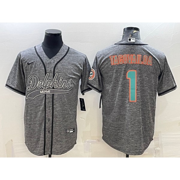 Miami Dolphins #1 Tua Tagovailoa Grey With Patch Cool Base Stitched Baseball Jersey