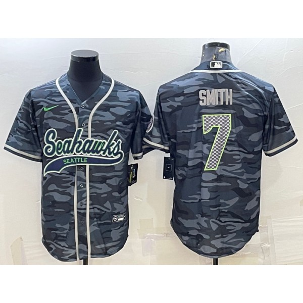 Seattle Seahawks #7 Geno Smith Grey Camo With Patch Cool Base Stitched Baseball Jersey