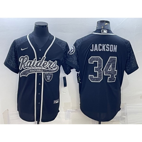 Las Vegas Raiders #34 Bo Jackson Black Reflective With Patch Cool Base Stitched Baseball Jersey