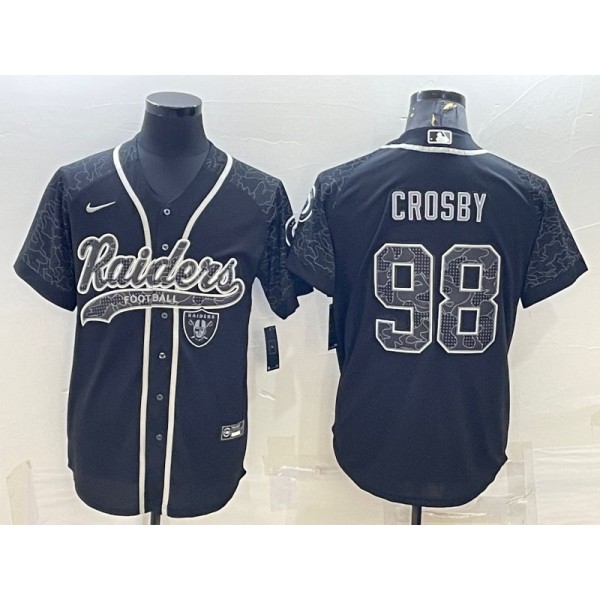 Las Vegas Raiders #98 Maxx Crosby Black Reflective With Patch Cool Base Stitched Baseball Jersey