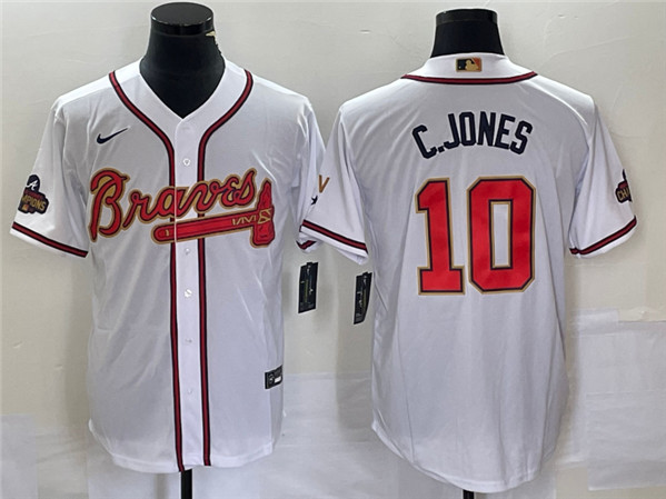 Atlanta Braves #10 Chipper Jones 2022 White Gold World Series Champions Program Cool Base Stitched Jersey