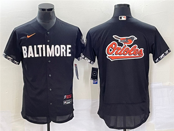 Baltimore Orioles Big Team Logo In Back Black 2023 City Connect Flex Base Stitched Jersey