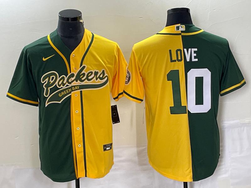 Green Bay Packers #10 Jordan Love Green Gold Split Cool Base Stitched Jersey