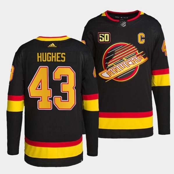Vancouver Canucks #43 Quinn Hughes Black Retro With 50th Anniversary Patch Stitched Jersey