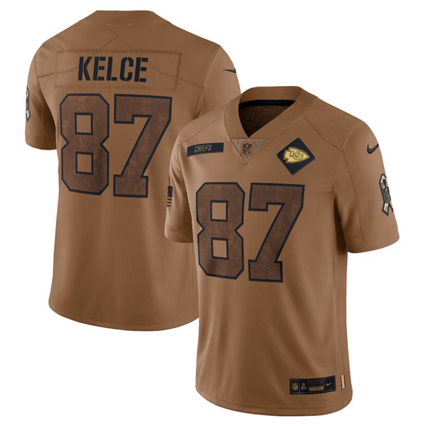 Kansas City Chiefs #87 Travis Kelce 2023 Brown Salute To Service Limited Stitched Jersey