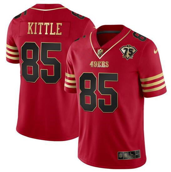 San Francisco 49ers #85 George Kittle Red Gold With 75th Anniversary Patch Stitched Jersey