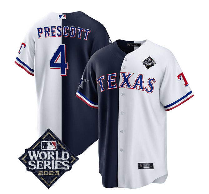 Dallas Cowboys Texas Rangers #4 Dak Prescott Navy White Splite 2023 World Series Splite Stitched Jersey