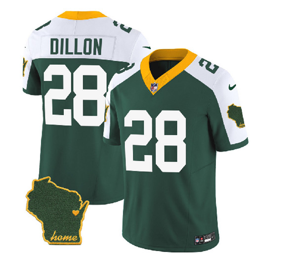 Green Bay Packers #28 A.J. Dillon Green White 2023 F.U.S.E. Home Patch Vapor Untouchable Limited Stitched Jersey