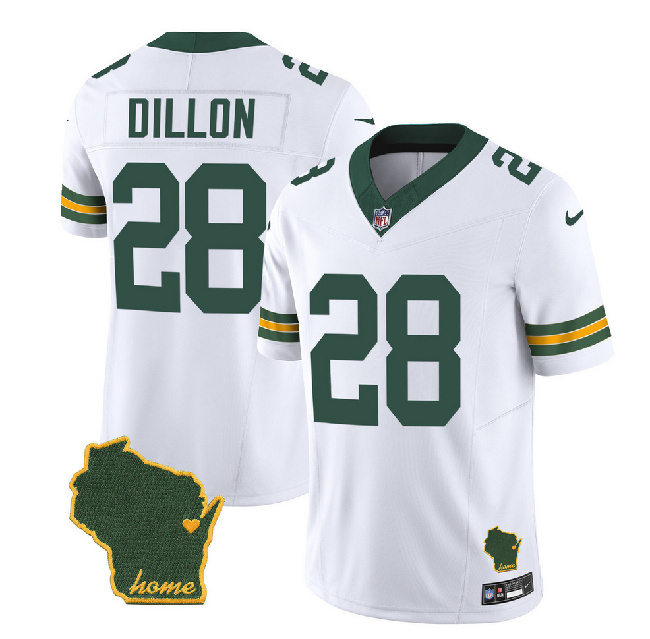 Green Bay Packers #28 A.J. Dillon White Home Patch 2023 F.U.S.E. Vapor Untouchable Limited Stitched Jersey