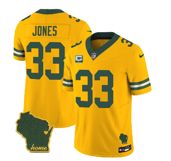 Green Bay Packers #33 Aaron Jones Gold 2023 F.U.S.E. Home Patch And 1-Star C Patch Vapor Untouchable Limited Stitched Jersey