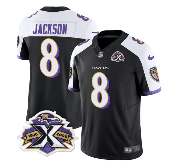 Baltimore Ravens #8 Lamar Jackson Black White 2023 F.U.S.E With Patch Throwback Vapor Limited Stitched Jersey