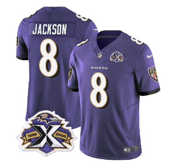 Baltimore Ravens #8 Lamar Jackson Purple 2023 F.U.S.E With Patch Throwback Vapor Limited Stitched Jersey