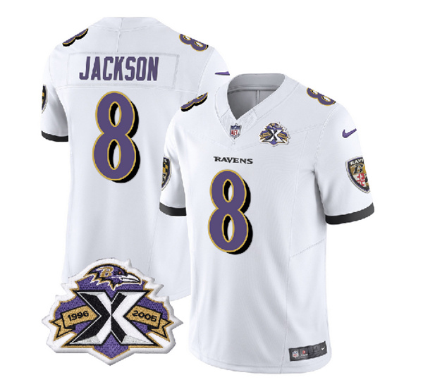 Baltimore Ravens #8 Lamar Jackson White 2023 F.U.S.E With Patch Throwback Vapor Limited Stitched Jersey