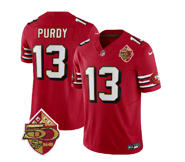 San Francisco 49ers #13 Brock Purdy Red 2023 F.U.S.E. 50th Patch Throwback Stitched Jersey