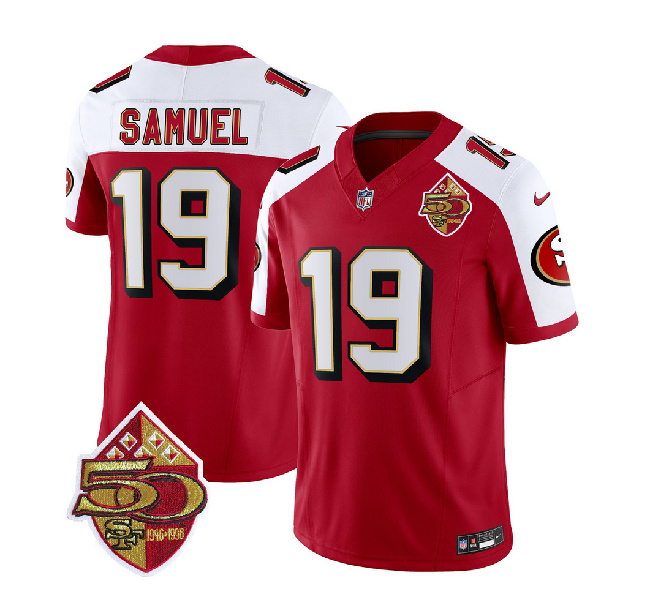 San Francisco 49ers #19 Deebo Samuel Red White 2023 F.U.S.E. 50th Patch Throwback Stitched Jersey