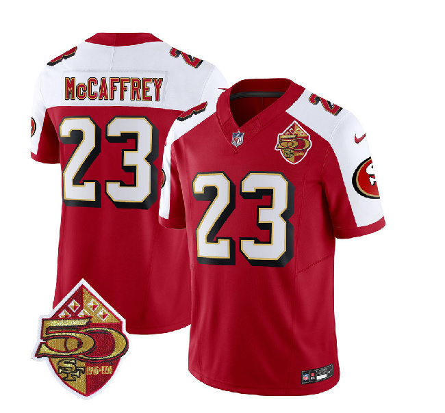 San Francisco 49ers #23 Christian McCaffrey Red White 2023 F.U.S.E. 50th Patch Throwback Stitched Jersey