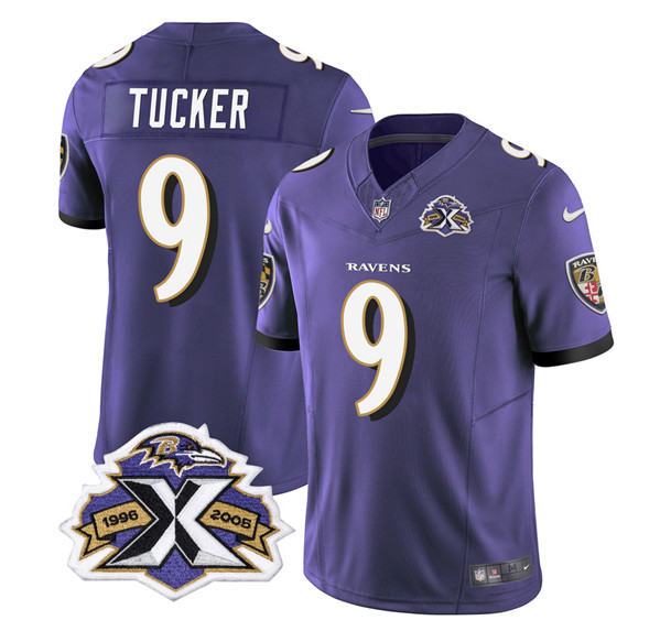 Baltimore Ravens #9 Justin Tucker Purple 2023 F.U.S.E With Patch Throwback Vapor Limited Stitched Jersey
