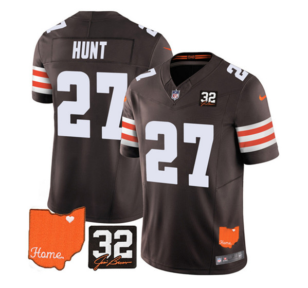 Cleveland Browns #27 Kareem Hunt Brown 2023 F.U.S.E. With Jim Brown Memorial Patch Vapor Untouchable Limited Stitched Jersey