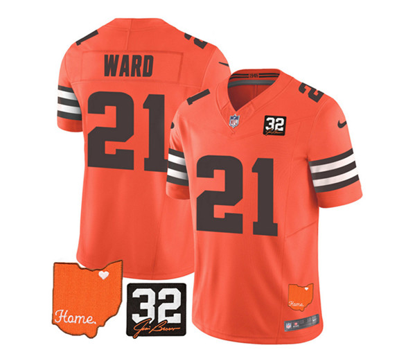 Cleveland Browns #21 Denzel Ward Orange 2023 F.U.S.E. With Jim Brown Memorial Patch Vapor Untouchable Limited Stitched Jersey
