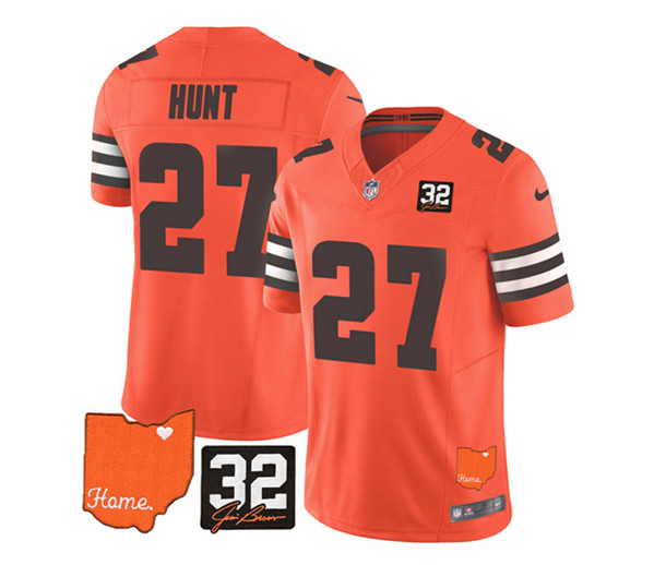 Cleveland Browns #27 Kareem Hunt Orange 2023 F.U.S.E. With Jim Brown Memorial Patch Vapor Untouchable Limited Stitched Jersey