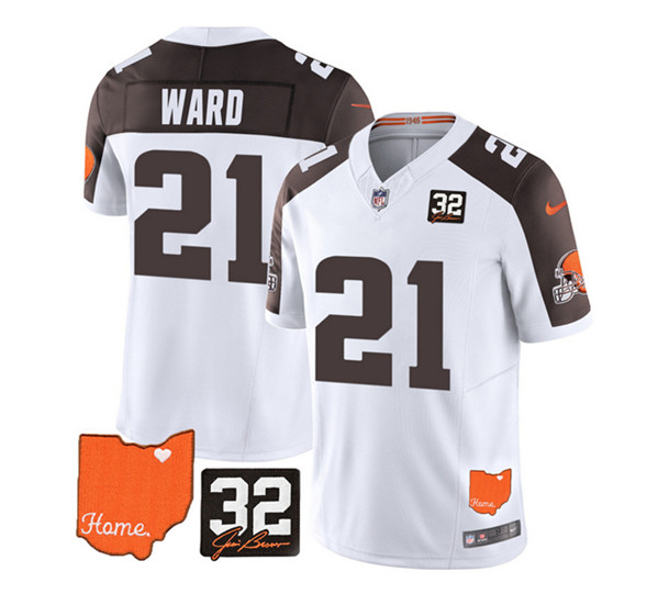 Cleveland Browns #21 Denzel Ward White Brown 2023 F.U.S.E. With Jim Brown Memorial Patch Vapor Untouchable Limited Stitched Jersey