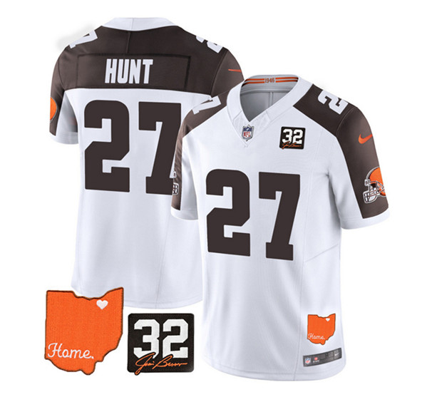 Cleveland Browns #27 Kareem Hunt White Brown 2023 F.U.S.E. With Jim Brown Memorial Patch Vapor Untouchable Limited Stitched Jersey