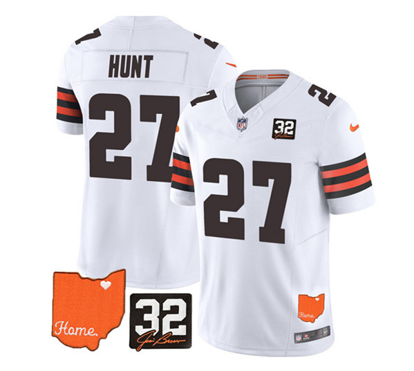 Cleveland Browns #27 Kareem Hunt White 2023 F.U.S.E. With Jim Brown Memorial Patch Vapor Untouchable Limited Stitched Jersey
