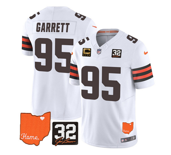 Cleveland Browns #95 Myles Garrett White 2023 F.U.S.E. With Jim Brown Memorial Patch And 4-Star C Patch Vapor Untouchable Limited Stitched Jersey