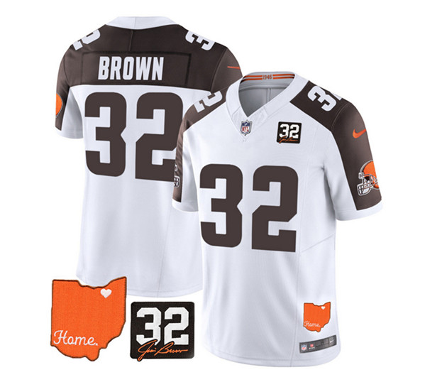 Cleveland Browns #32 Jim Brown White Brown 2023 F.U.S.E. With Jim Brown Memorial Patch Vapor Untouchable Limited Stitched Jersey