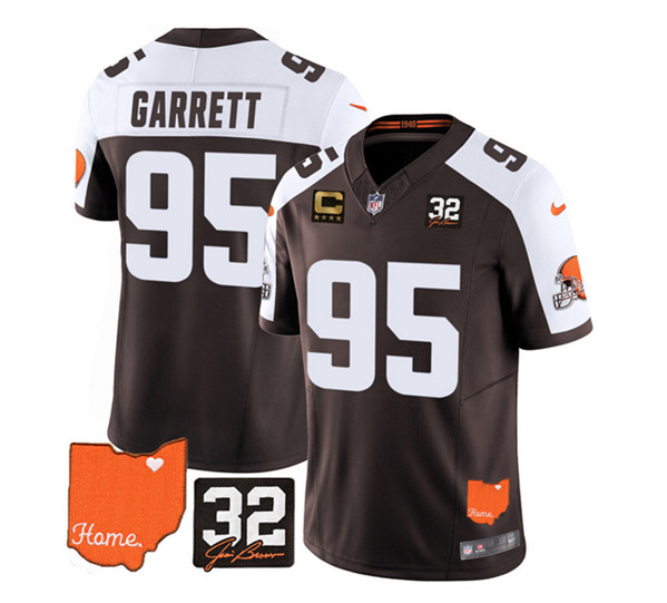 Cleveland Browns #95 Myles Garrett Brown White 2023 F.U.S.E. With Jim Brown Memorial Patch And 4-Star C Patch Vapor Untouchable Limited Stitched Jersey