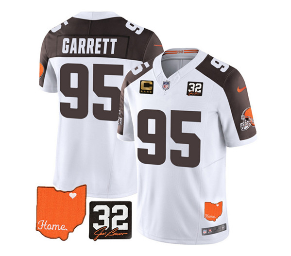 Cleveland Browns #95 Myles Garrett White Brown 2023 F.U.S.E. With Jim Brown Memorial Patch And 4-Star C Patch Vapor Untouchable Limited Stitched Jersey
