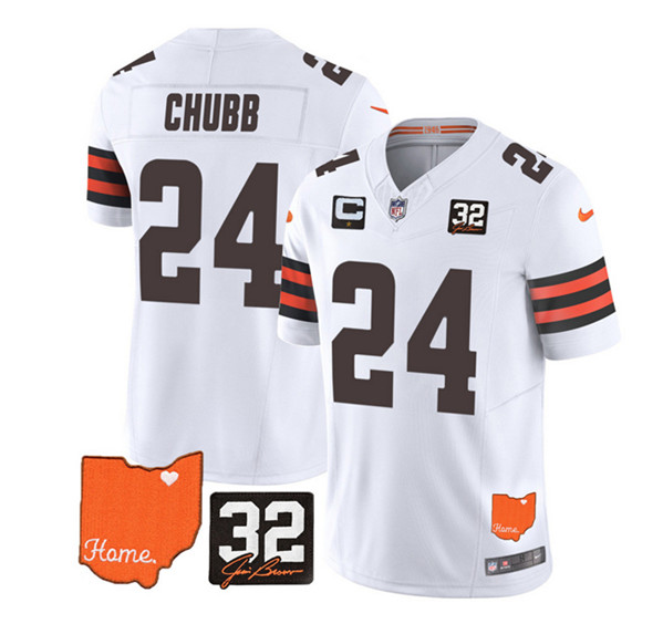 Cleveland Browns #24 Nick Chubb White 2023 F.U.S.E. With Jim Brown Memorial Patch And 1-Star C Patch Vapor Untouchable Limited Stitched Jersey