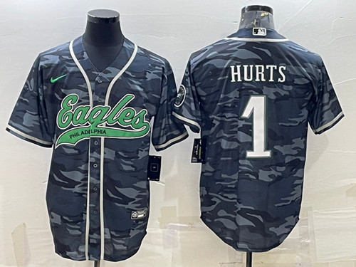 Philadelphia Eagles #1 Jalen Hurts Gray Camo With Patch Cool Base Stitched Jersey