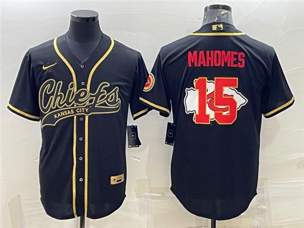 Kansas City Chiefs #15 Patrick Mahomes Black Gold Team Big Logo With Patch Cool Base Stitched Jersey