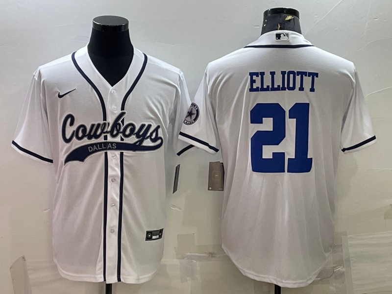 Dallas Cowboys #21 Ezekiel Elliott White With Patch Cool Base Stitched Jersey