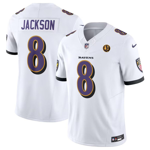 Baltimore Ravens #8 Lamar Jackson White 2023 F.U.S.E. With John Madden Patch Vapor Limited Stitched Jersey
