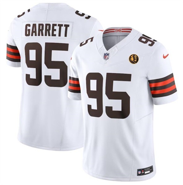 Cleveland Browns #95 Myles Garrett White 2023 F.U.S.E. With John Madden Patch Vapor Limited Stitched Jersey
