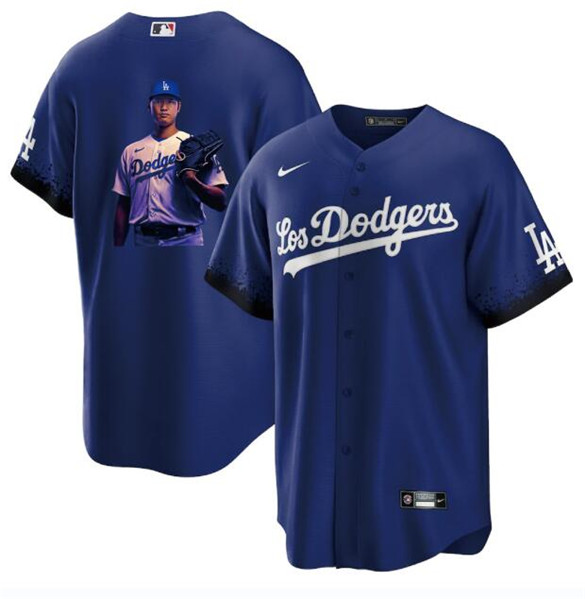 Los Angeles Dodgers #17 Shohei Ohtani Blue Big Logo City Connect Cool Base Stitched Jersey