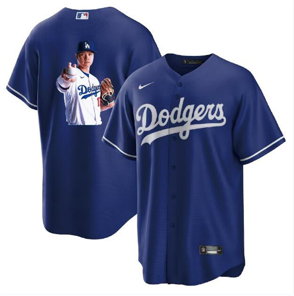 Los Angeles Dodgers #17 Shohei Ohtani Blue Big Logo Cool Base Stitched Jersey