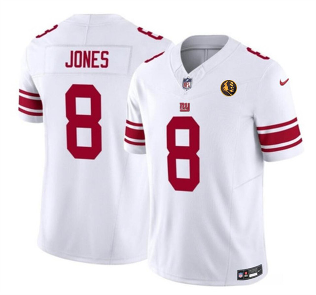 New York Giants #8 Daniel Jones White 2023 F.U.S.E. With John Madden Patch Vapor Limited Stitched Jersey