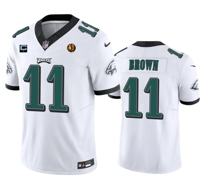 Philadelphia Eagles #11 A. J. Brown White 2023 F.U.S.E. With 1-Star C Patch And John Madden Patch Vapor Limited Stitched Jersey